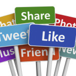 Signs showing social media engagement including Tweet, Like, Share, and Chat